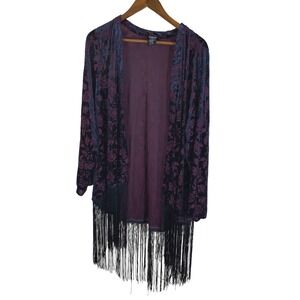 Cosmic Aura Velvet Burnout Floral Fringe Kimono Cardigan Boho Duster XL 2X